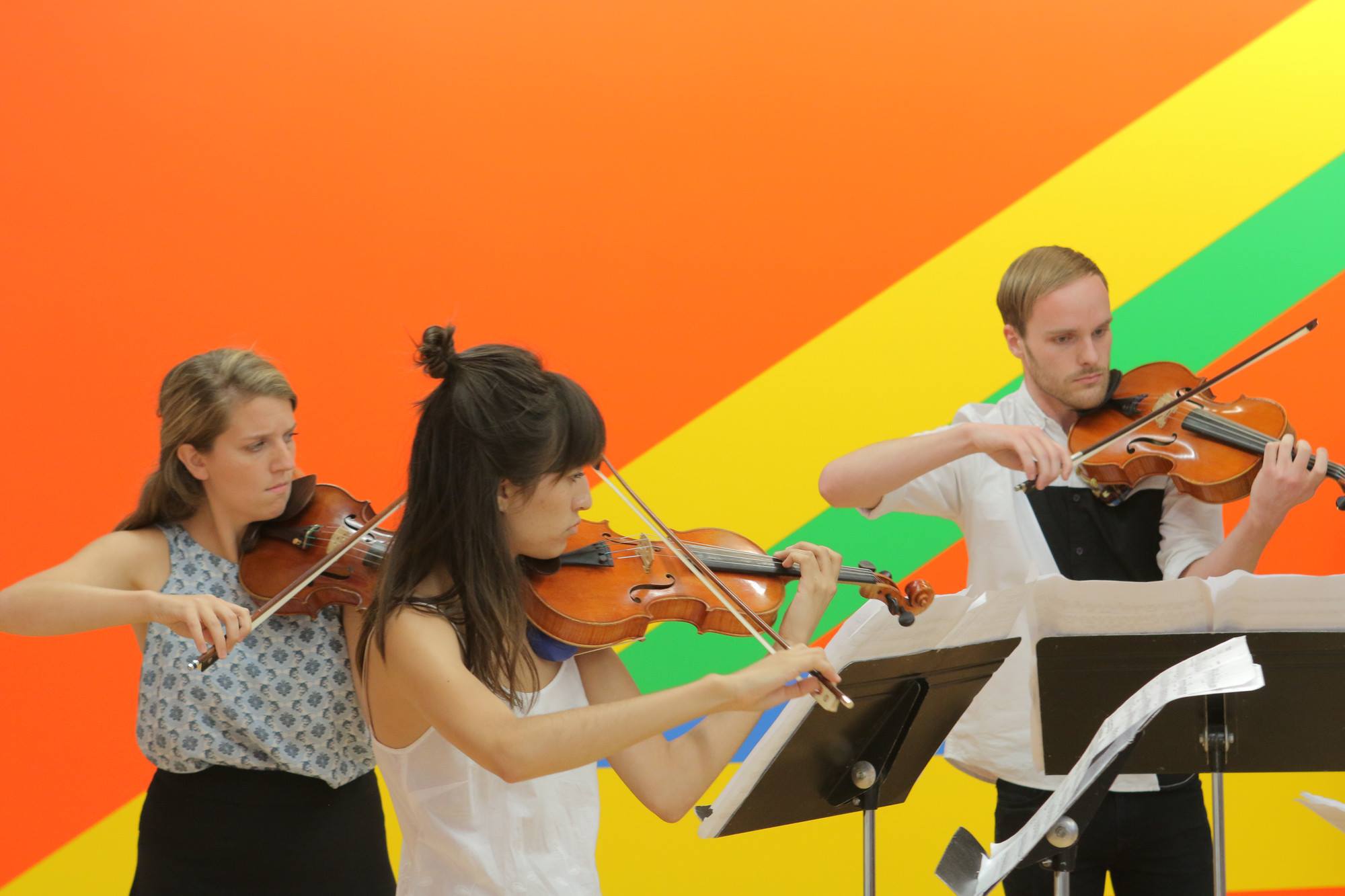 Kate Outterbridge, Lena Vidulich and Kieran Welch performing at Bang on a Can Summer Festival. Image courtesy of Massachusetts Museum of Contemporary Art.